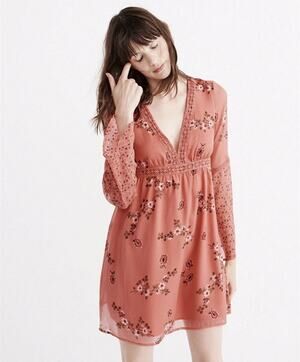 Abercrombie And Fitch Boho Babydoll Coral Pink Floral Mini Dress Women Sz M
